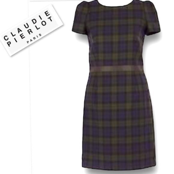 Claudie Pierlot 100% Wool Green & Blue Plaid With Leather Details Dress Sz US 8 - Picture 2 of 12